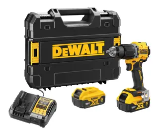 Kit de taladro inalámbrico DEWALT con un estuche de transporte negro, dos baterías de iones de litio XR de 18V, un cargador de batería y un taladro eléctrico amarillo y negro.