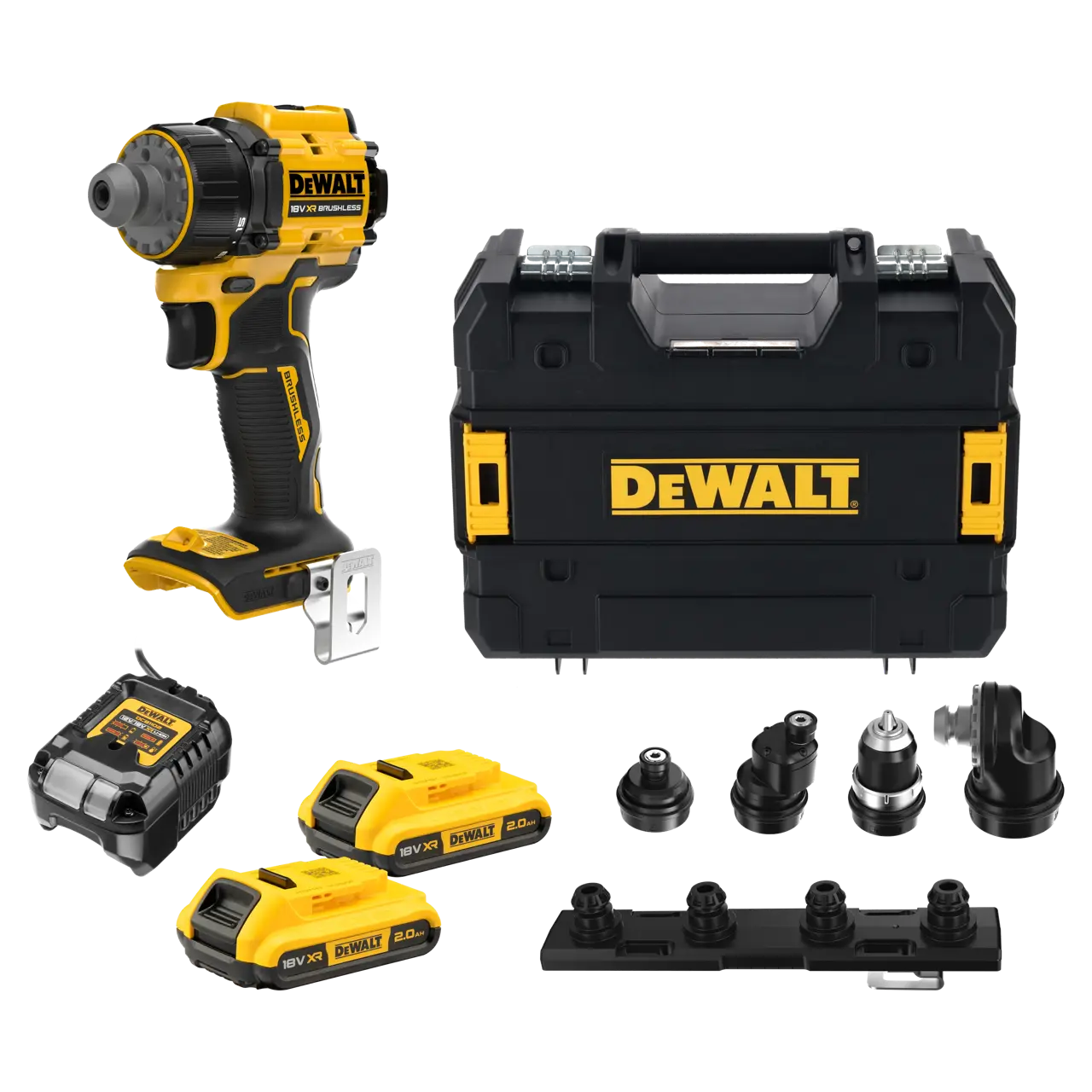 DeWalt Taladro Atornillador Multi-cabezal sin escobillas XR 18V 70Nm con 2 baterías Li-Ion 2Ah, 4 cabezales y Maletín TSTAK · DCD803D2T-QW