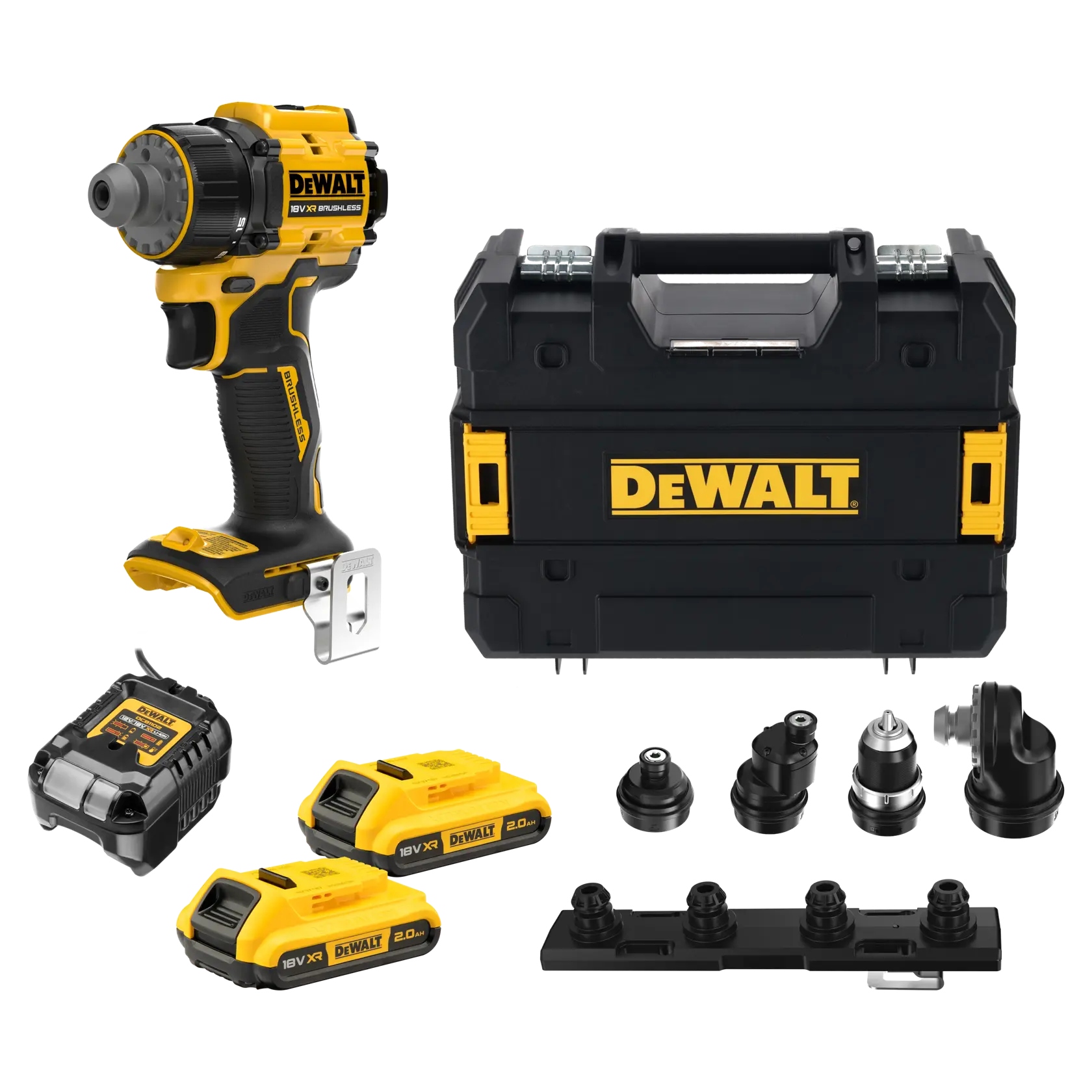 Kit DEWALT con caja, cargador, baterías, accesorios. SKUs: DCD803D2T-QW, DCD803D2T. Categoría fotografía.