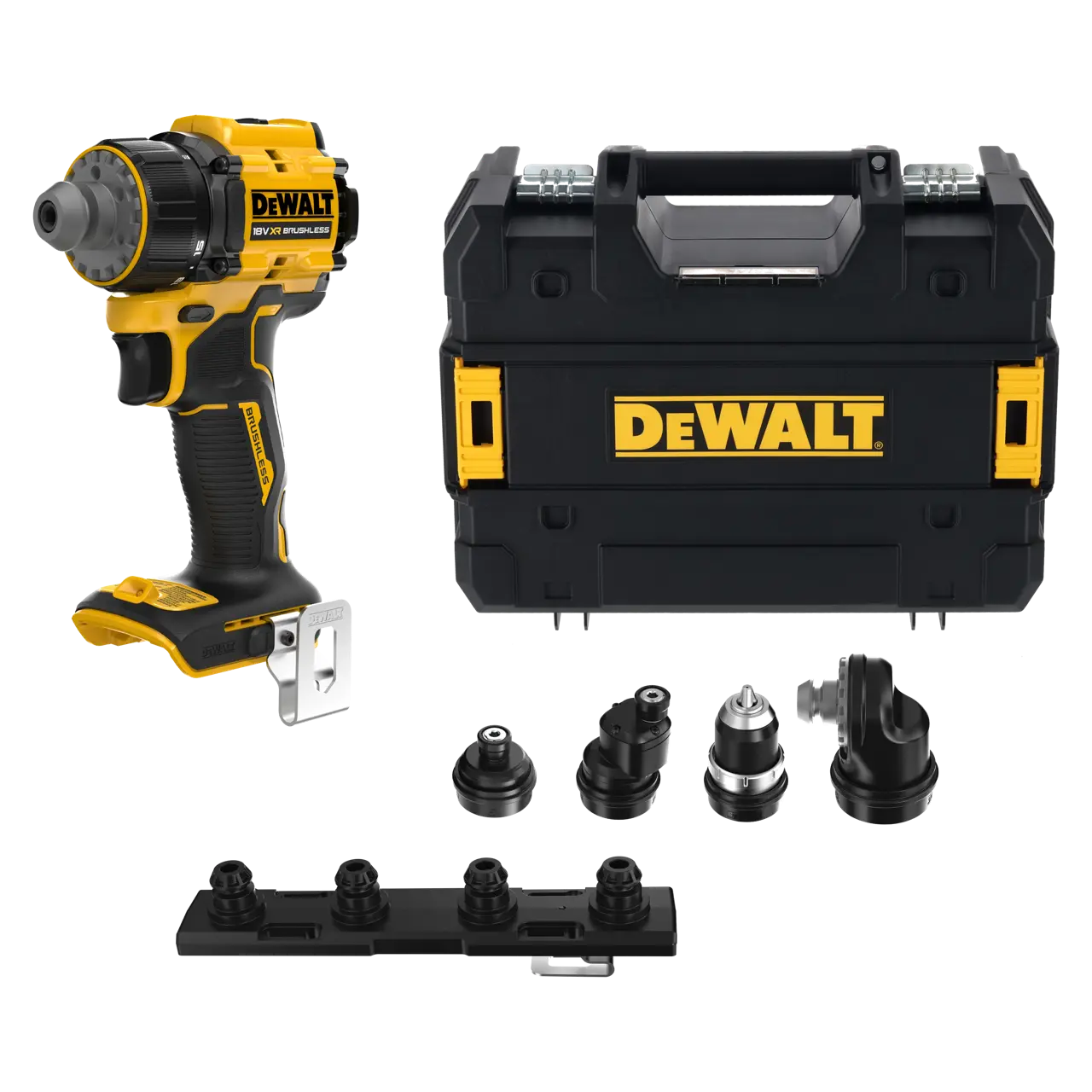 DeWalt Taladro Atornillador Multi-cabezal sin escobillas XR 18V 70Nm sin cargador/batería con 4 cabezales y Maletín TSTAK · DCD803NT-XJ