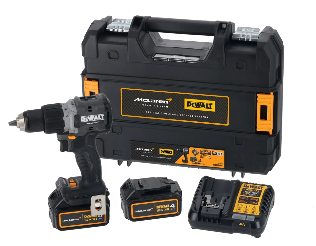 DeWalt Taladro Percutor McLaren sin escobillas XR 18V 13mm 90Nm con 2 baterías Li-Ion 4Ah y maletín TSTAK · DCD85MM2T-QW