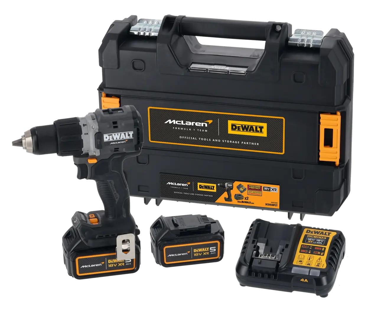 DeWalt Taladro Percutor McLaren sin escobillas XR 18V 13mm 90Nm con 2 baterías Li-Ion 5Ah y maletín TSTAK · DCD85MP2T-QW