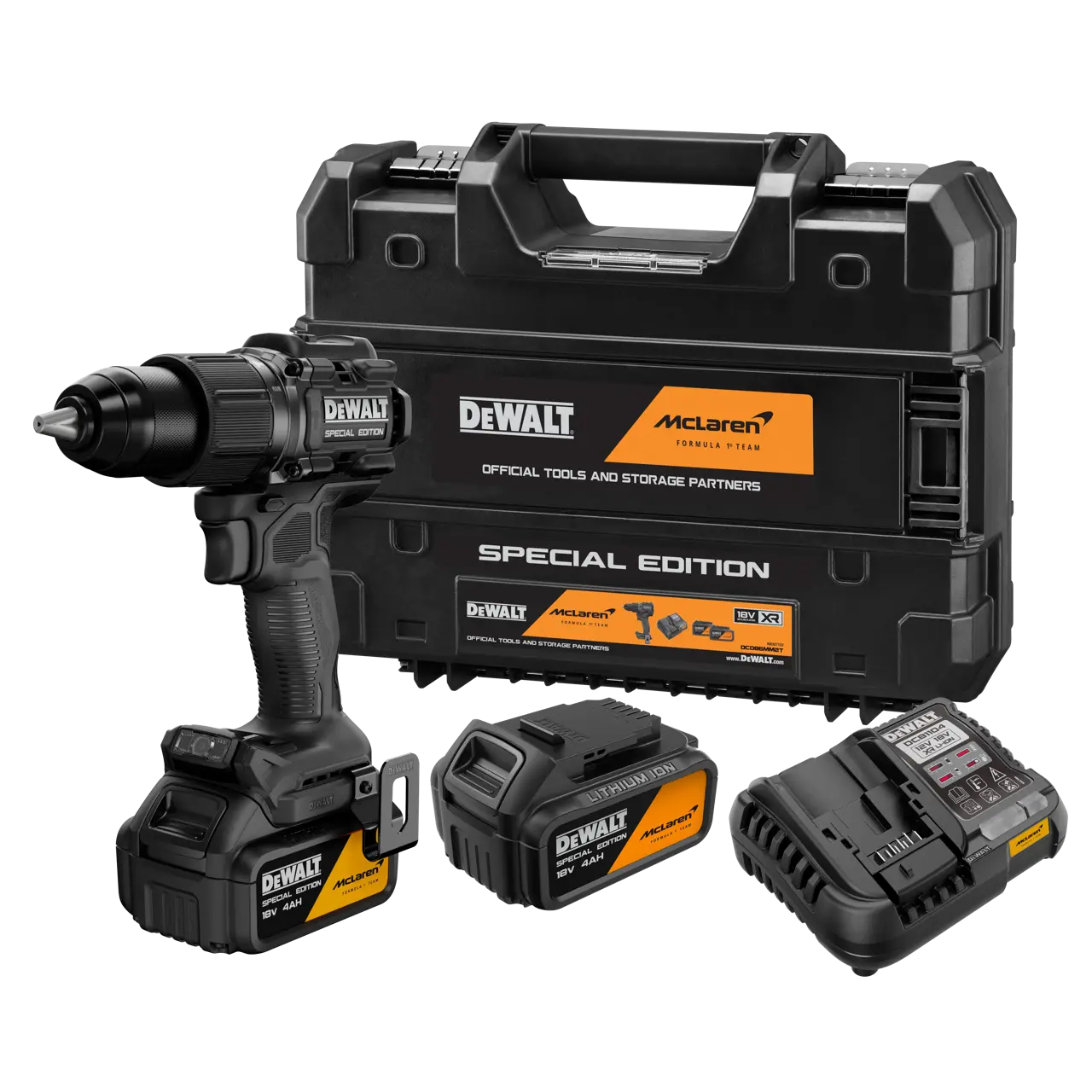 DeWalt Taladro Percutor McLaren sin escobillas XR 18V 13mm 90Nm con 2 baterías Li-Ion 4Ah y maletín TSTAK · DCD86MM2T-QW