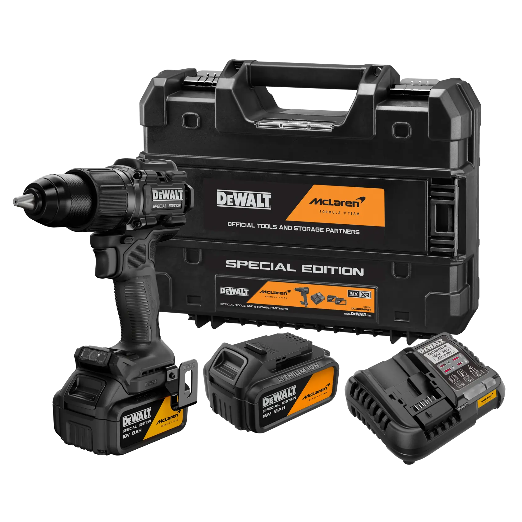 Taladro Percutor McLaren sin escobillas XR 18V 13mm 90Nm con 2 baterías Li-Ion 5Ah y maletín TSTAK