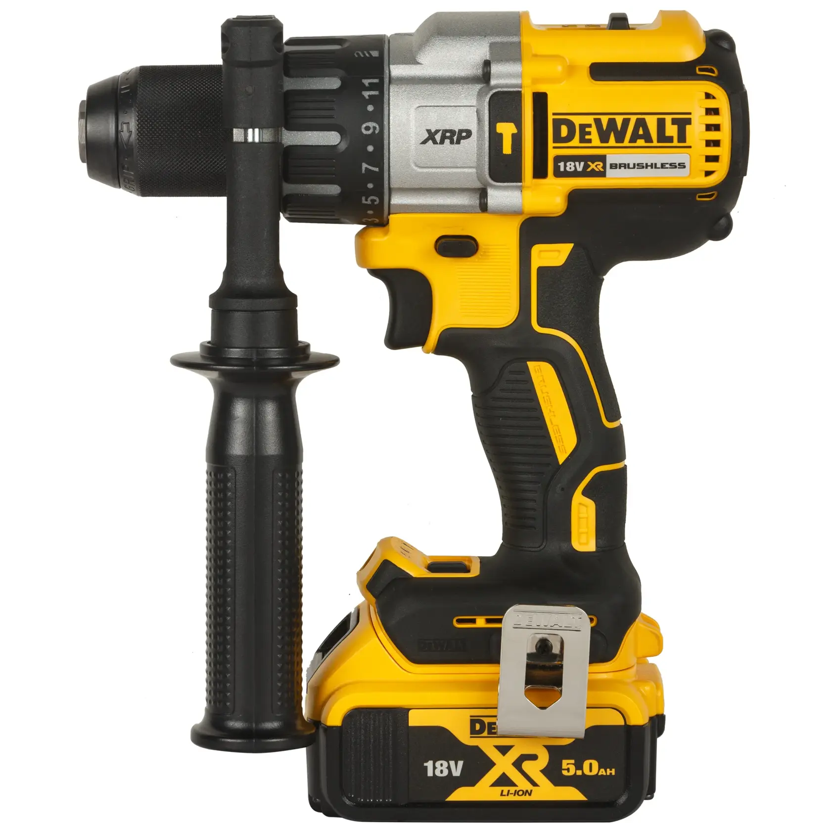 Taladro inalámbrico DEWALT DCD996P1 18V con empuñadura lateral y batería, diseño amarillo y negro.