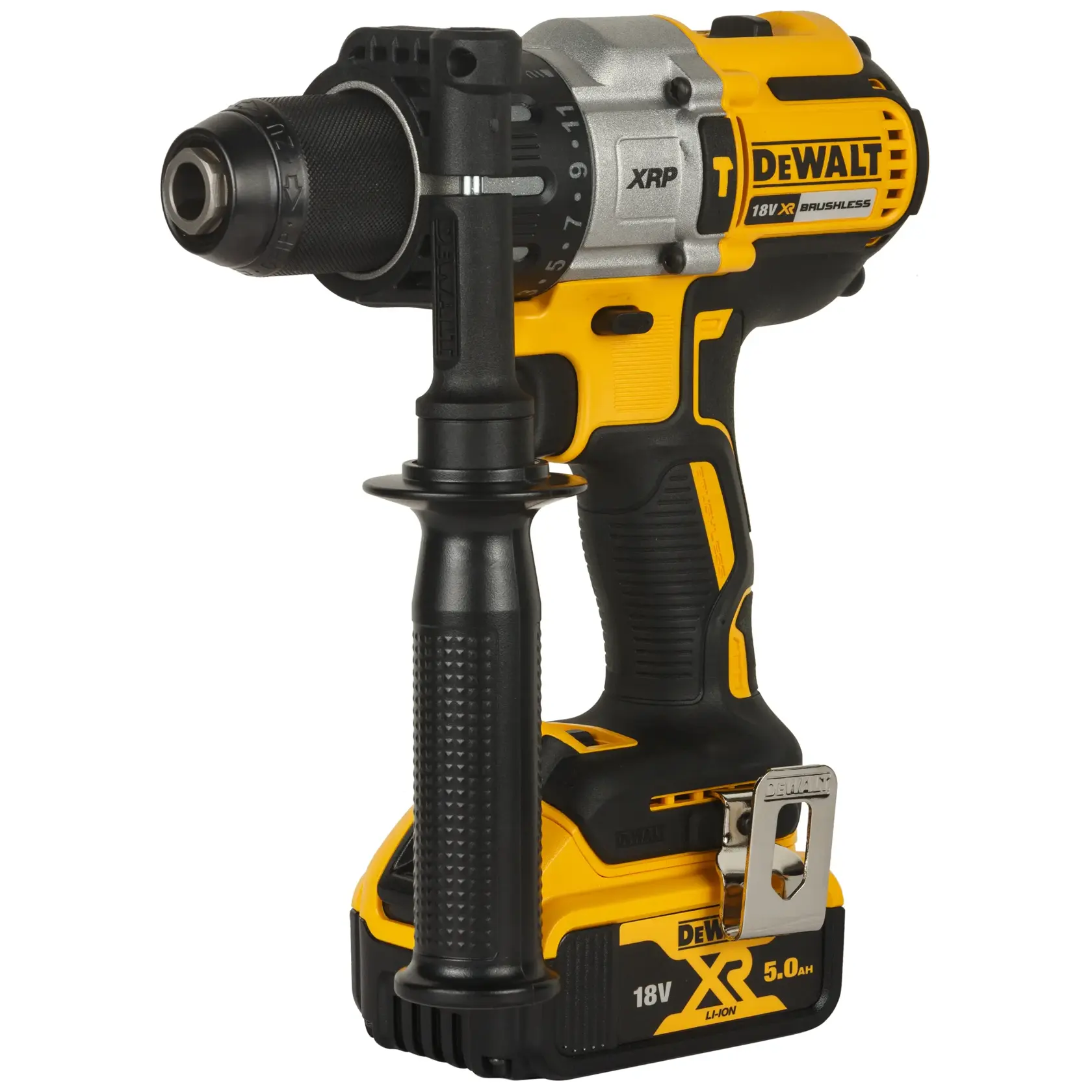 Taladro inalámbrico DEWALT DCD996P1 con mango lateral y batería, amarillo y negro, para bricolaje o construcción.