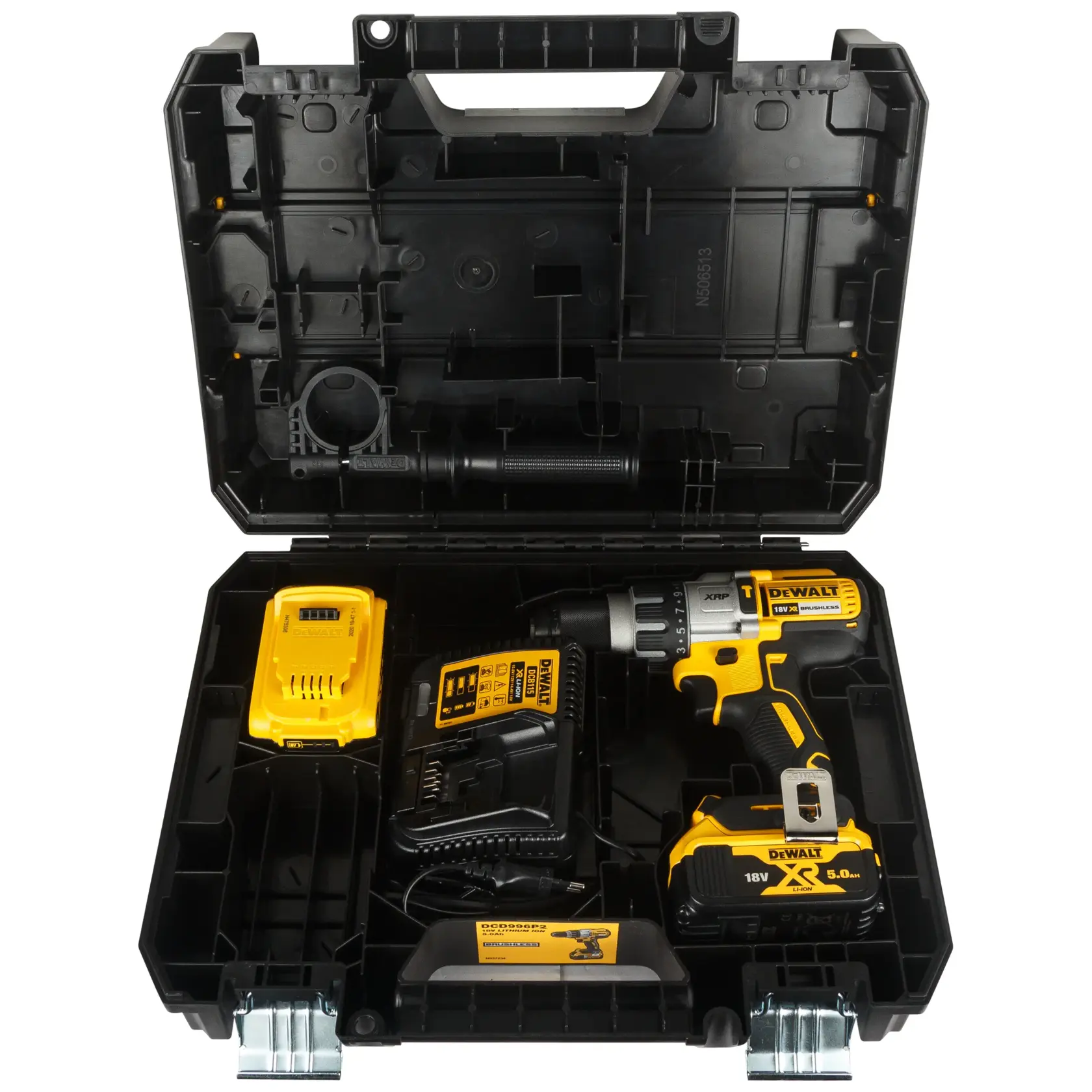 Kit de taladro inalámbrico DEWALT que incluye un estuche de transporte negro, un taladro amarillo y negro con mango lateral, dos baterías recargables y un cargador de batería.