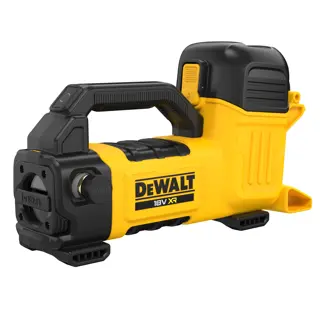 Inflador inalámbrico DEWALT 18V XR en color amarillo y negro, con un asa resistente y diseño compacto, adecuado para inflar neumáticos y otros objetos.
