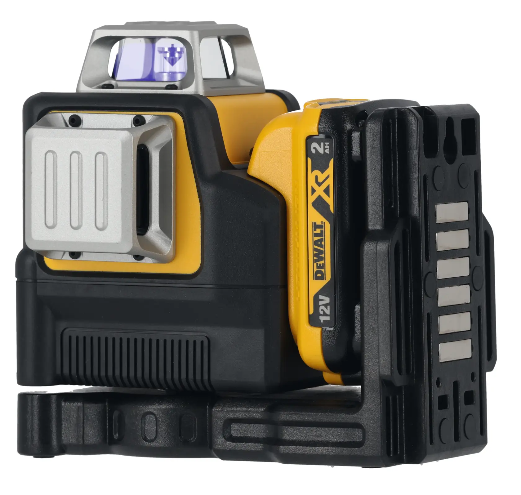 Nivel láser verde DEWALT 12V XR, compacto y robusto, para alineación precisa en construcción y fotografía.