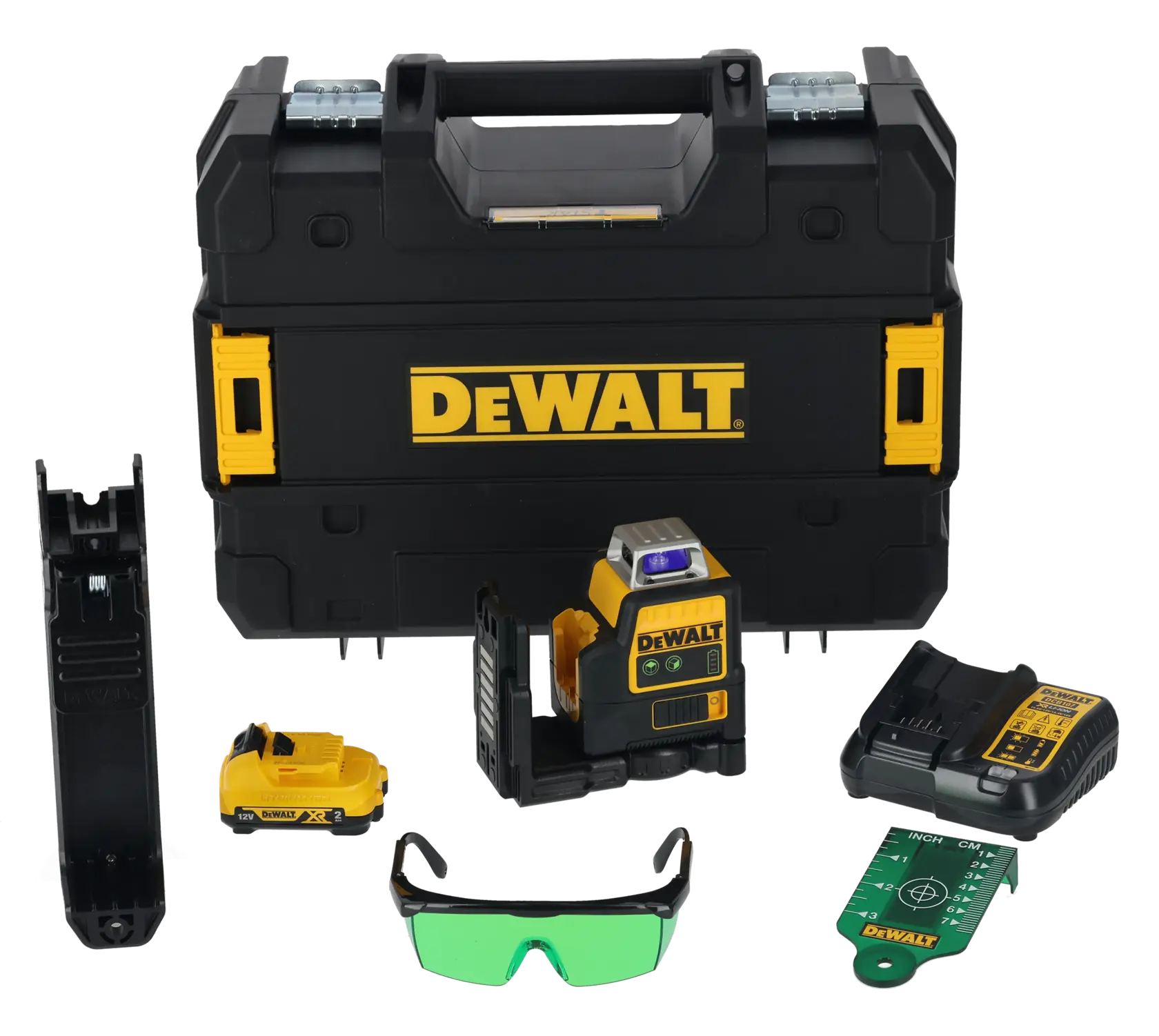 Kit de herramientas profesionales de fotografía DEWALT que incluye un maletín negro y amarillo, un dispositivo nivel láser, batería, cargador, soporte de pared, gafas de seguridad verdes y tarjeta de medición, todo sobre un fondo blanco.