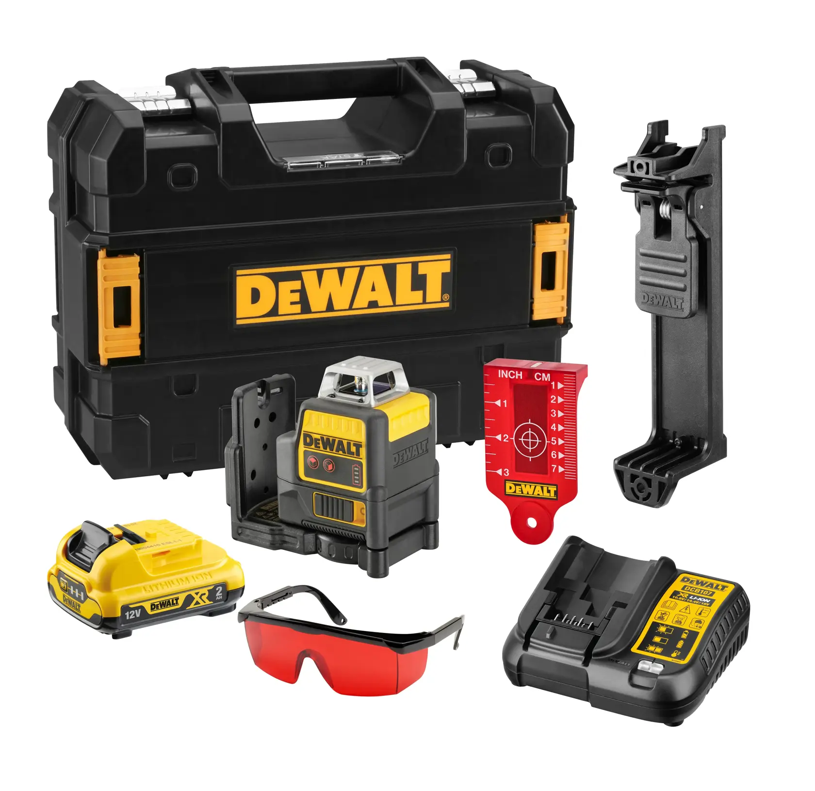 Kit de producto de fotografía DEWALT que incluye un resistente estuche de transporte negro y amarillo, un nivel láser, una batería, un cargador, un objetivo de medición rojo, un soporte de montaje y gafas de seguridad con lentes rojas.