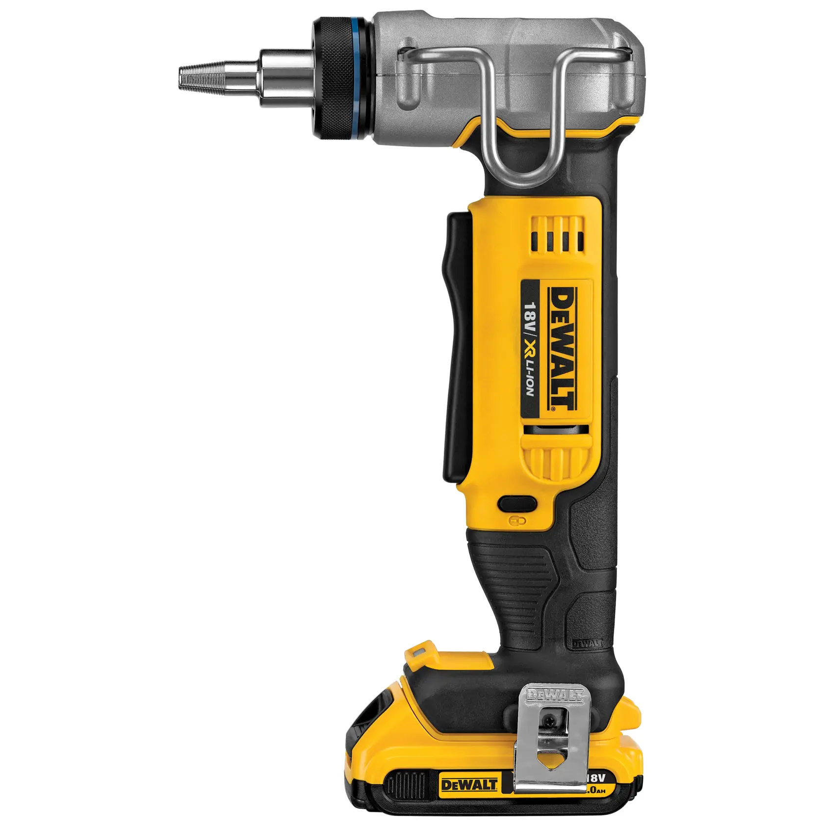 Herramienta DEWALT 18V inalámbrica, amarilla y negra, con accesorio metálico y mango ergonómico.