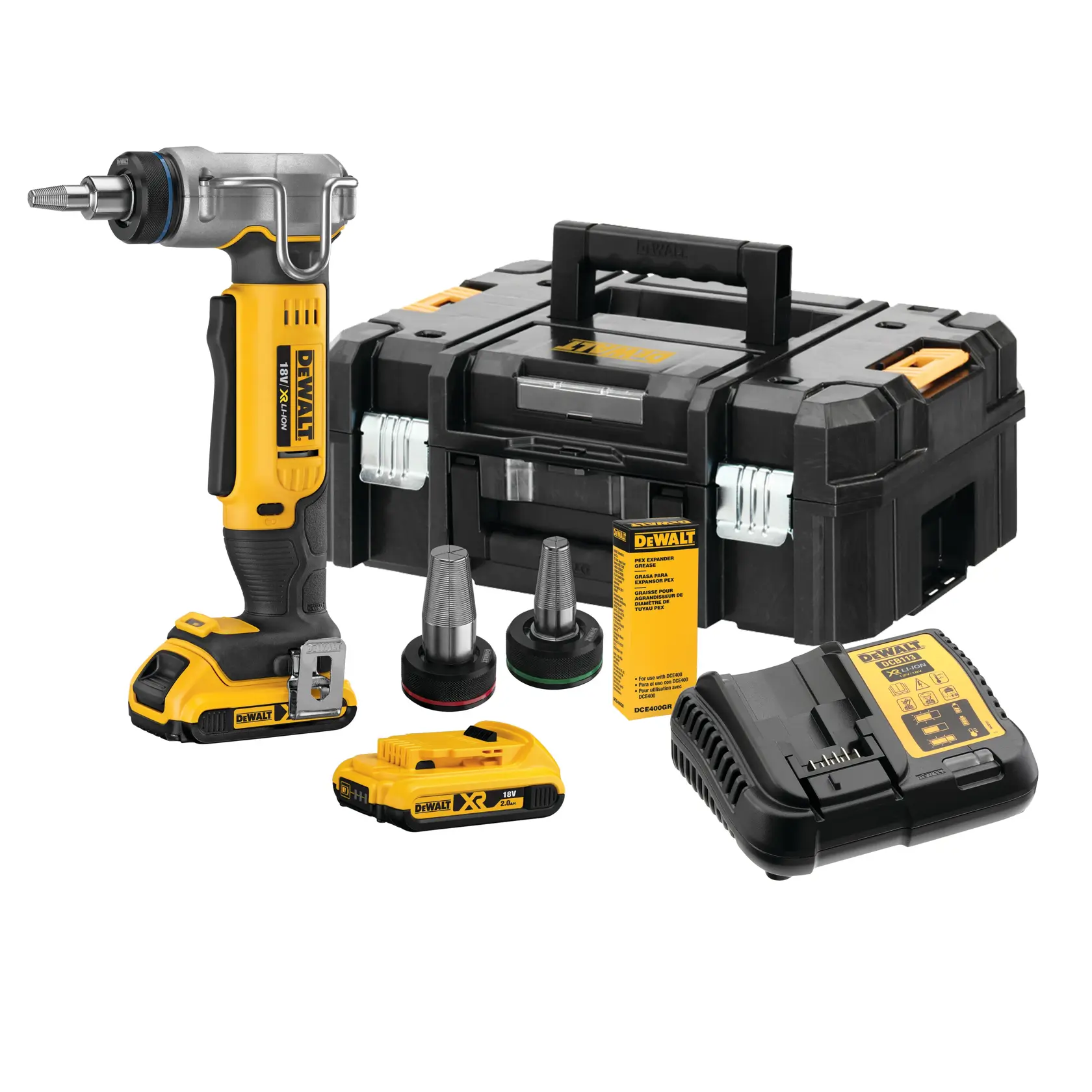 Kit de producto DEWALT DCE400D2 de la categoría fotografía, con una herramienta inalámbrica amarilla y negra, dos baterías, dos accesorios, un cargador, manual de instrucciones y un resistente maletín negro.