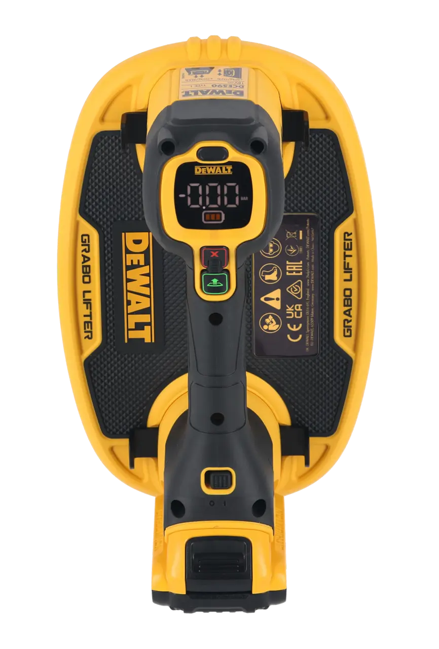 Vista superior de un levantador Grabo DEWALT, una herramienta manual amarilla y negra diseñada para levantar y manipular materiales mediante un mecanismo de succión, con pantalla digital y botones de control.