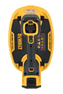 Vista superior de un levantador Grabo DEWALT, una herramienta manual amarilla y negra diseñada para levantar y manipular materiales mediante un mecanismo de succión, con pantalla digital y botones de control.