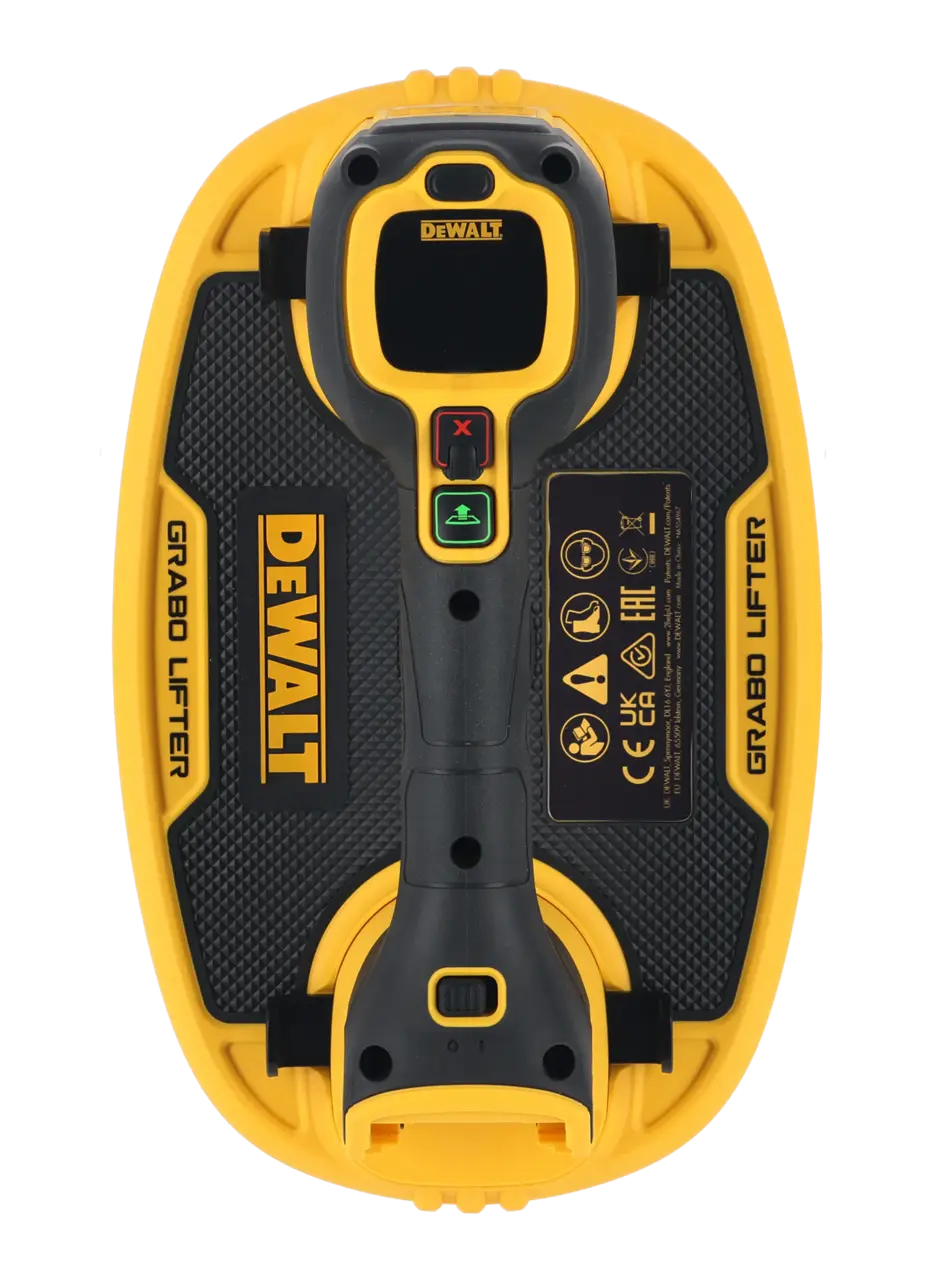 Una herramienta Grabo Lifter de la marca DEWALT, con un diseño amarillo y negro, un mango, botones de control y marcas de seguridad. El producto está visto desde arriba.