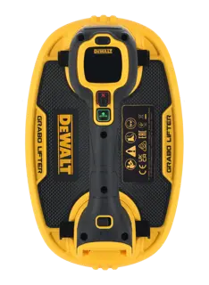 Una herramienta Grabo Lifter de la marca DEWALT, con un diseño amarillo y negro, un mango, botones de control y marcas de seguridad. El producto está visto desde arriba.
