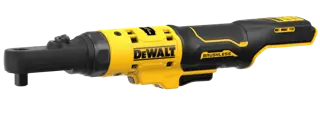 Llave de carraca inalámbrica DEWALT con motor sin escobillas y diseño negro y amarillo, mostrada sobre un fondo blanco.
