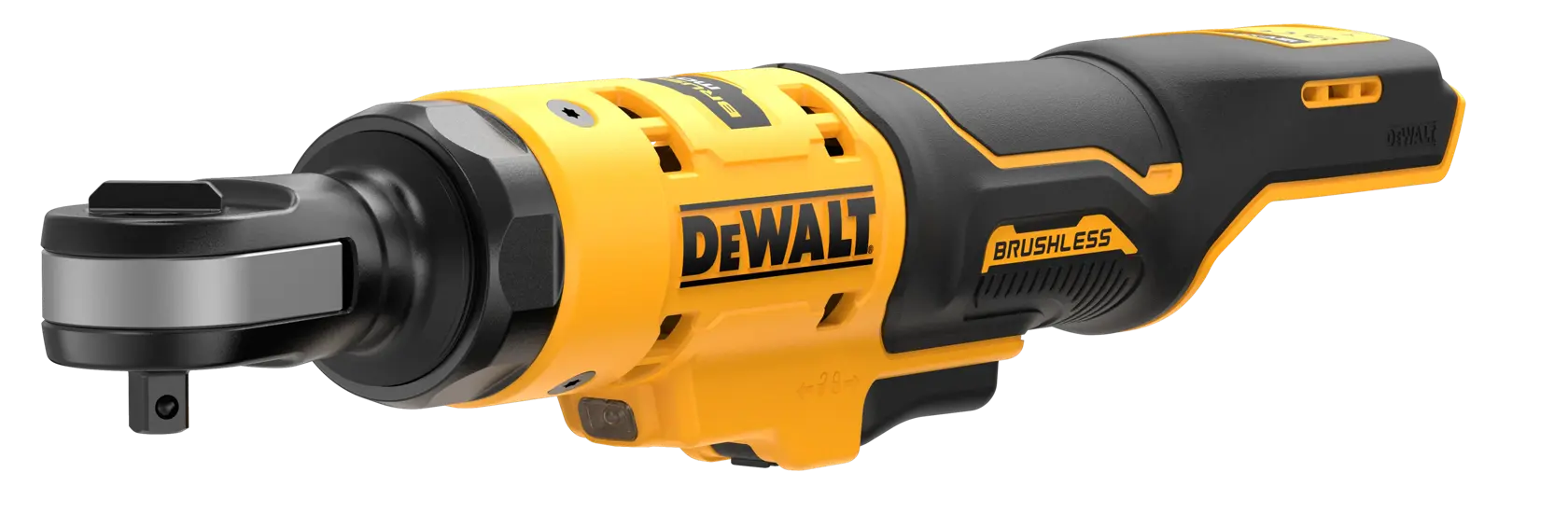 Herramienta de carraca DEWALT inalámbrica, brushless, amarilla y negra, sobre fondo blanco.