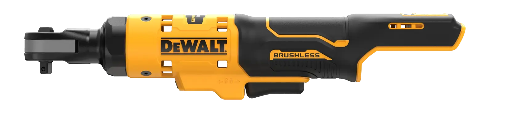 Herramienta de carraca inalámbrica DEWALT brushless, diseño ergonómico negro y amarillo sobre fondo blanco.