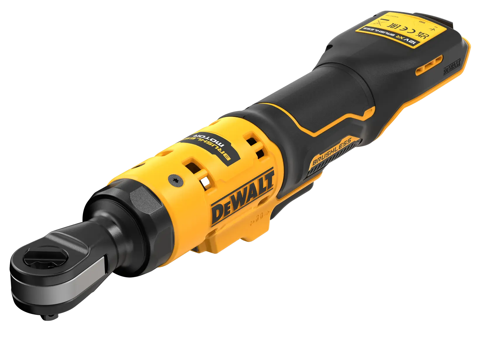 Herramienta de carraca inalámbrica DEWALT DCF503N con motor sin escobillas, en amarillo y negro.