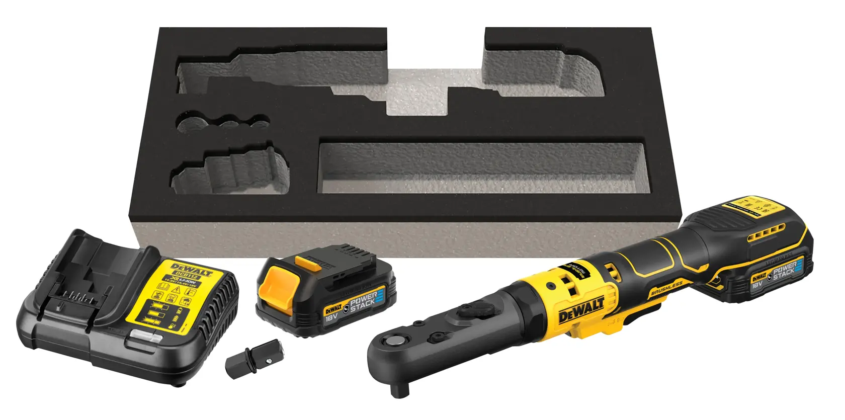 Llave de Carraca sin escobillas 1/2‘’ y 3/8’’ XR 18V POWERSTACK compacta engomada