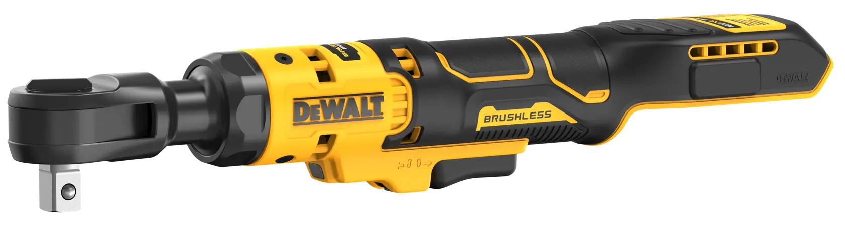 Foto de llave de carraca inalámbrica DEWALT, amarillo-negro, SKUs DCF512N-XJ, DCF512N, vista lateral, fotografía.