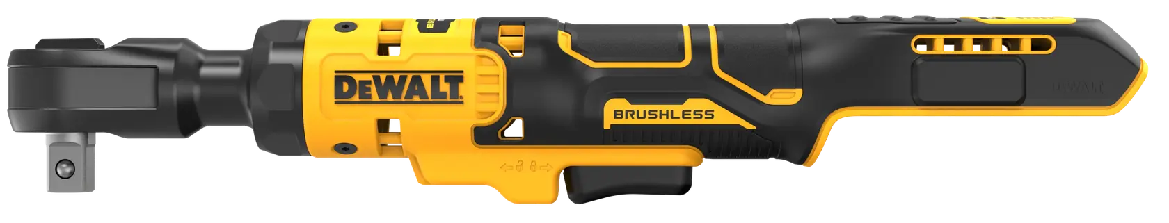 Llave de carraca DeWalt inalámbrica, brushless, amarillo-negro. SKUs DCF512N-XJ, DCF512N, vista lateral.