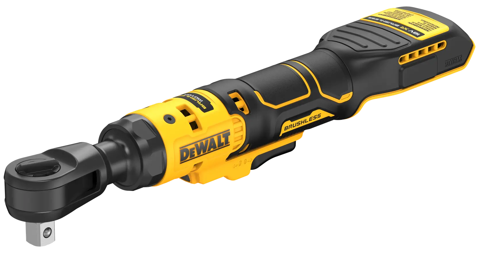 Foto de llave de carraca inalámbrica DEWALT, SKU DCF512N-XJ, DCF512N, negro-amarillo, lateral, fondo blanco.