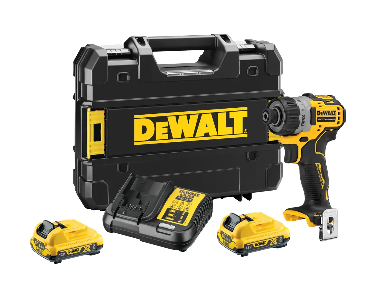 Logotipo de DEWALT en letras negras y audaces centrado sobre un fondo blanco.