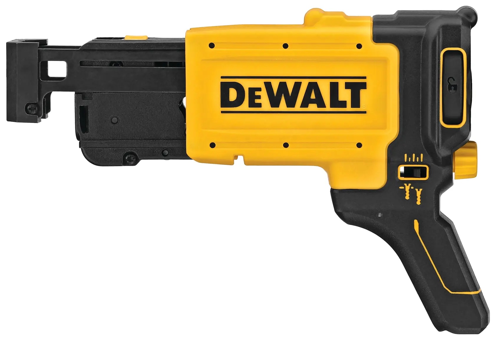 Vista lateral de un accesorio para pistola de tornillos para paneles de yeso DEWALT DCF6202 diseñado para usar con herramientas eléctricas, con mango y carcasa amarillos y negros.