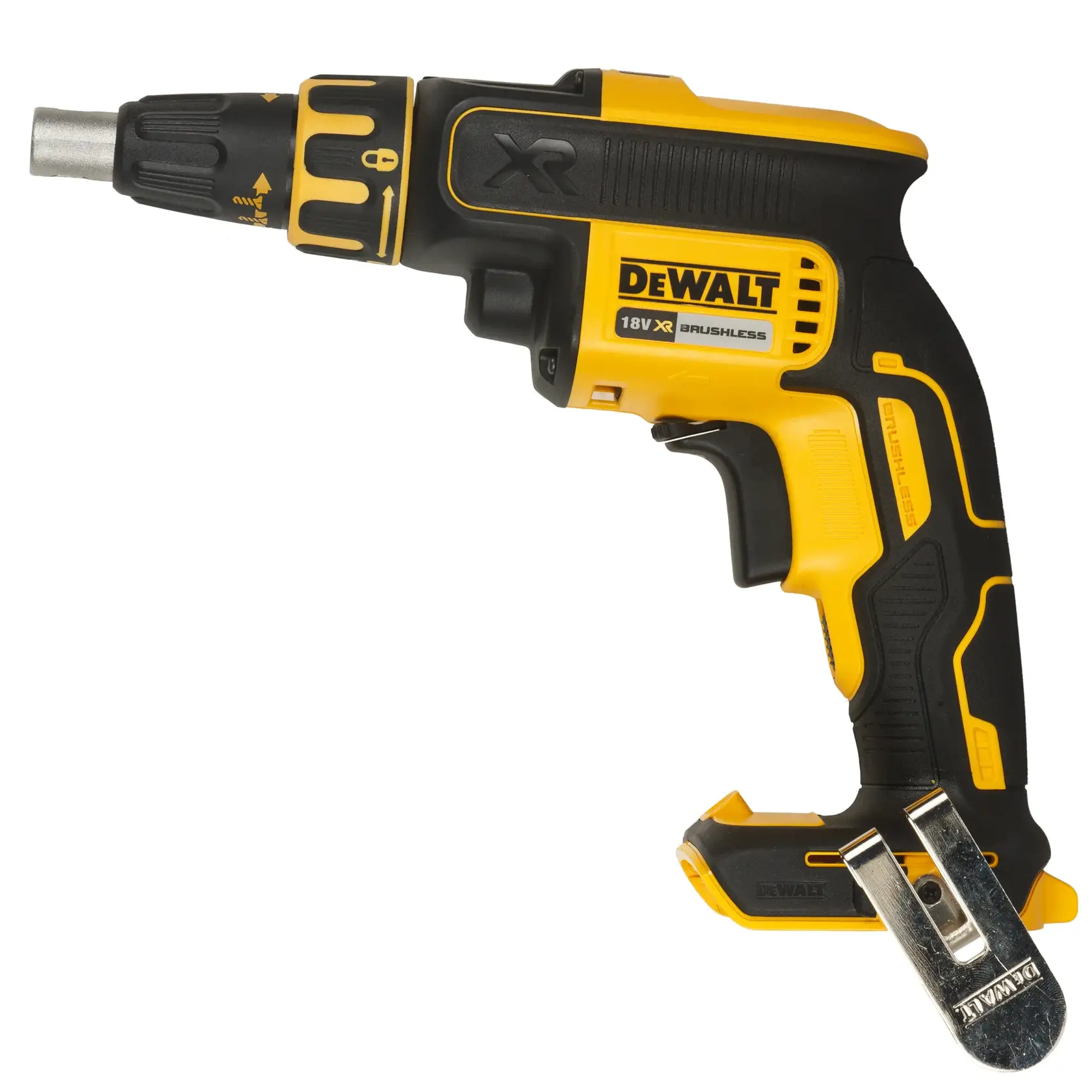 Fotografía de DEWALT DCF620NT-XJ 18V XR destornillador drywall, negro-amarillo, lateral, fondo blanco.