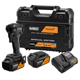 Kit de atornillador de impacto inalámbrico DEWALT McLaren edición limitada, que incluye un estuche de transporte negro y
