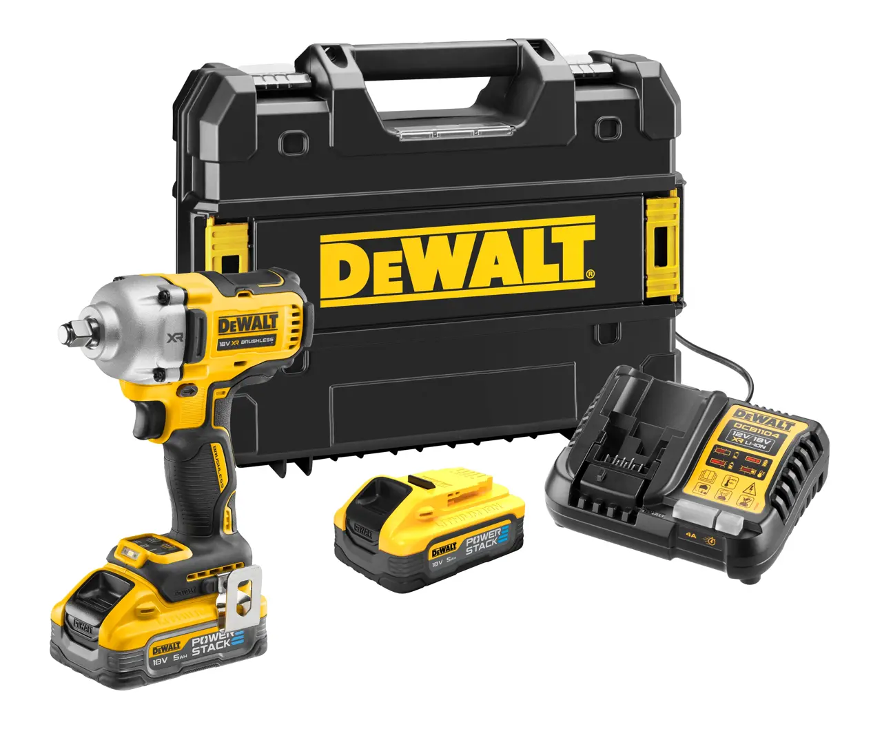 DeWalt Llave Impacto sin escobillas XR 18V 1/2" Par Medio 812Nm con anillo de retención con 2 baterías POWERSTACK Li-Ion 5Ah y maletín TSTAK · DCF891H2T-QW
