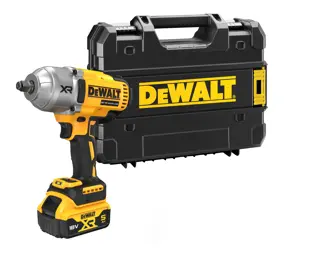 Una llave de impacto inalámbrica DEWALT 18V XR con batería, mostrada delante de un maletín de transporte DEWALT negro y amarillo.