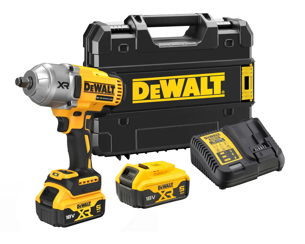 Un kit DEWALT que incluye una llave de impacto inalámbrica, dos baterías 18V XR, un cargador y un maletín negro con el logotipo amarillo de DEWALT.