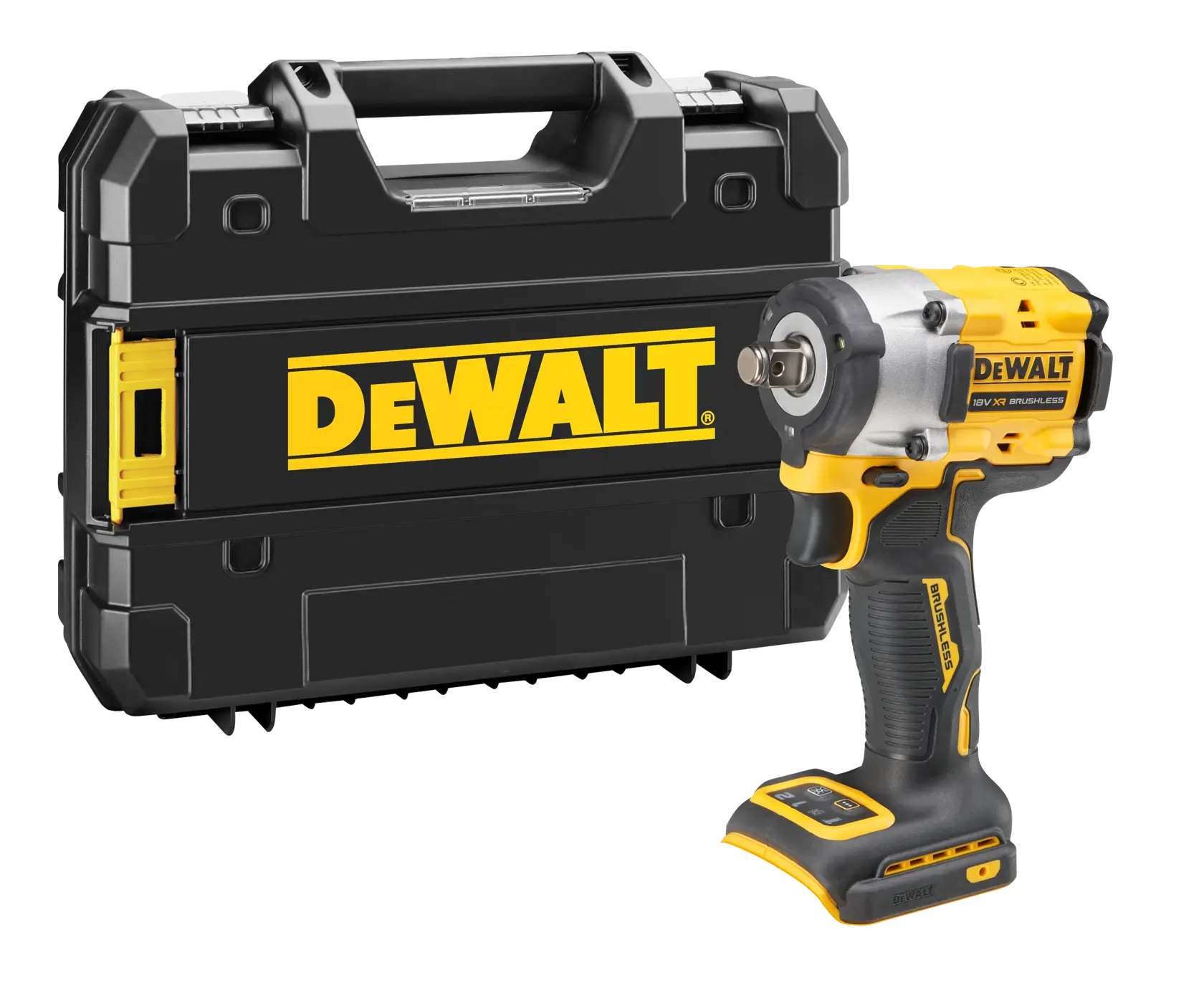 Una llave de impacto inalámbrica DEWALT con un maletín de transporte negro y amarillo exhibido detrás. La herramienta y el maletín muestran la marca DEWALT de forma destacada.