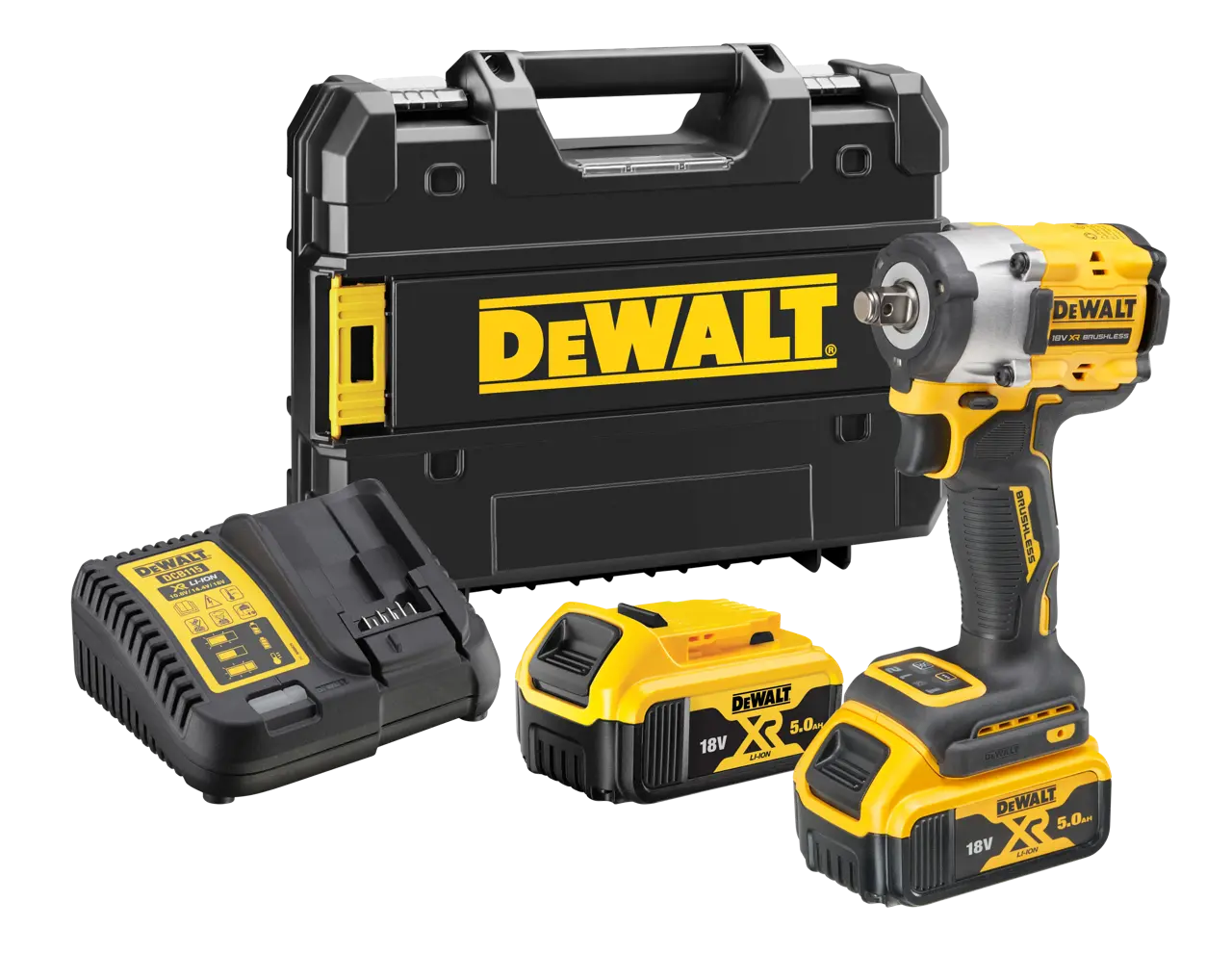 Logotipo de DEWALT en letras negras y audaces centrado sobre un fondo blanco.