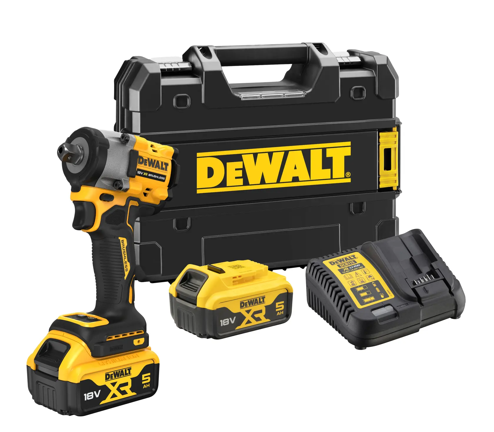 DEWALT DCF922P2T llave de impacto 18V XR con dos baterías, cargador y maletín rígido, vista frontal.