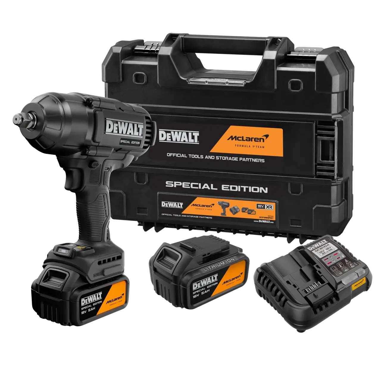 DeWalt Llave Impacto McLaren sin escobillas XR 18V 1/2" Alto Par 1.356Nm con anillo de retención con 2 baterías Li-Ion 5Ah con maletín TSTAK II · DCF99MP2T-QW
