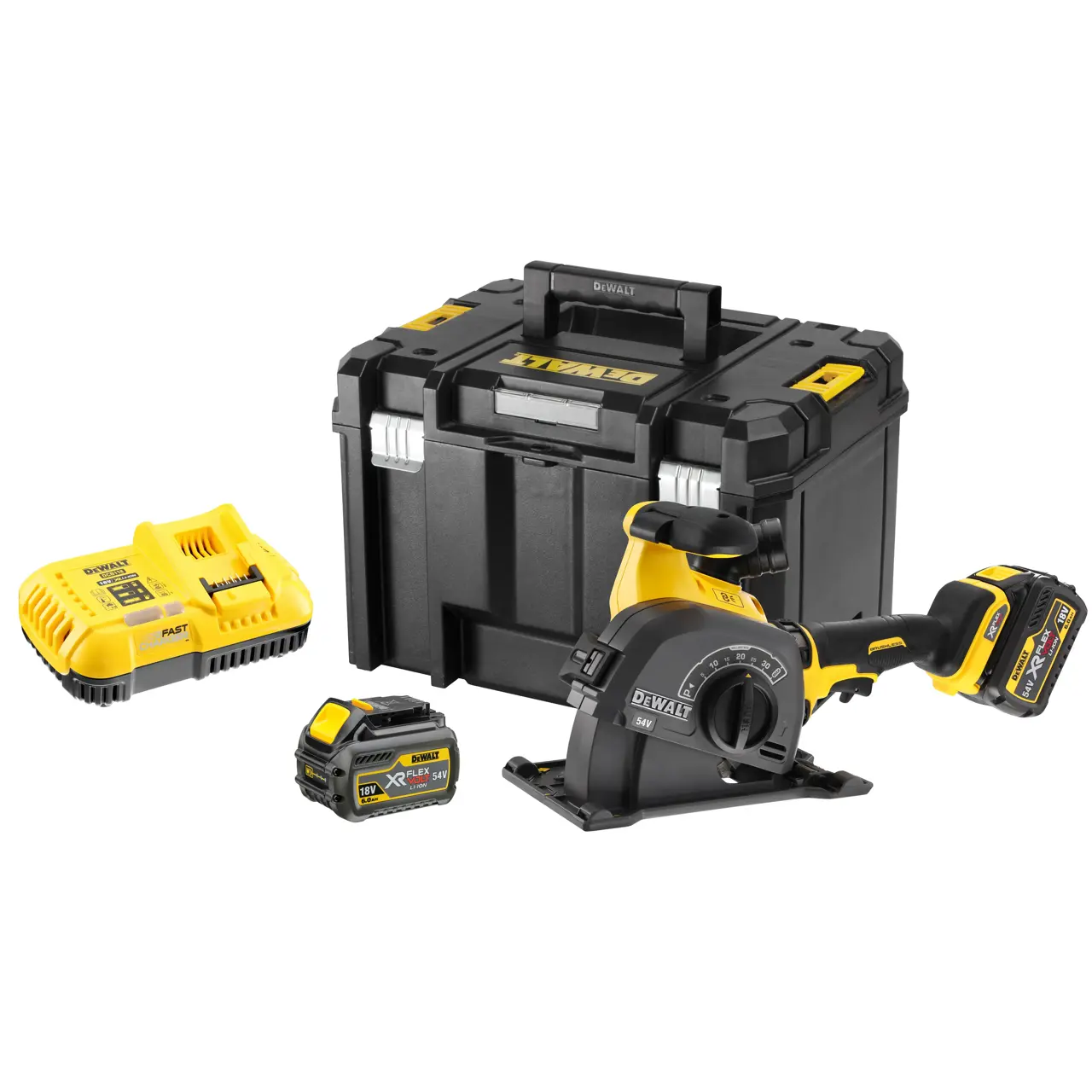Logotipo de DEWALT en letras negras y audaces centrado sobre un fondo blanco.