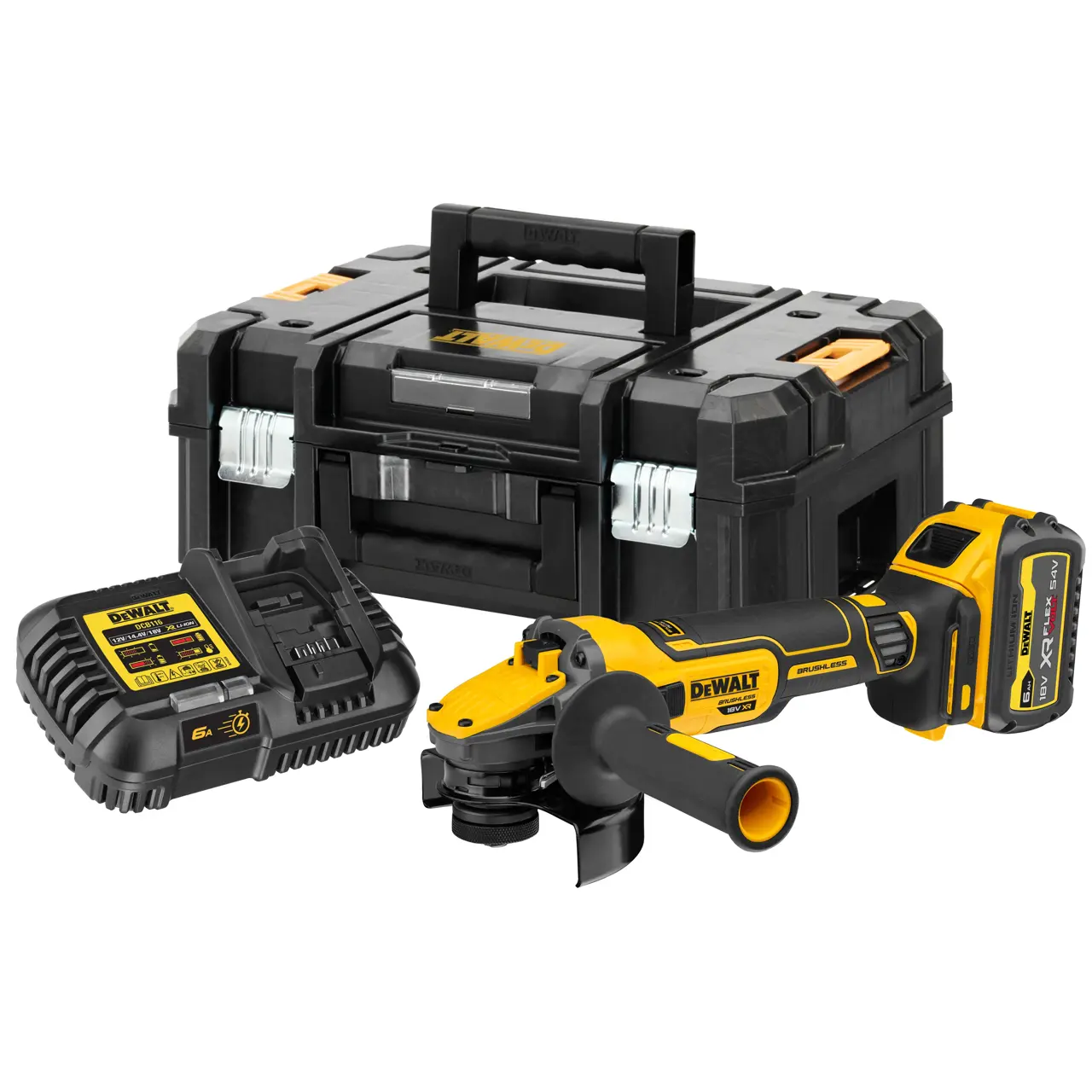 Logotipo de DEWALT en letras negras y audaces centrado sobre un fondo blanco.