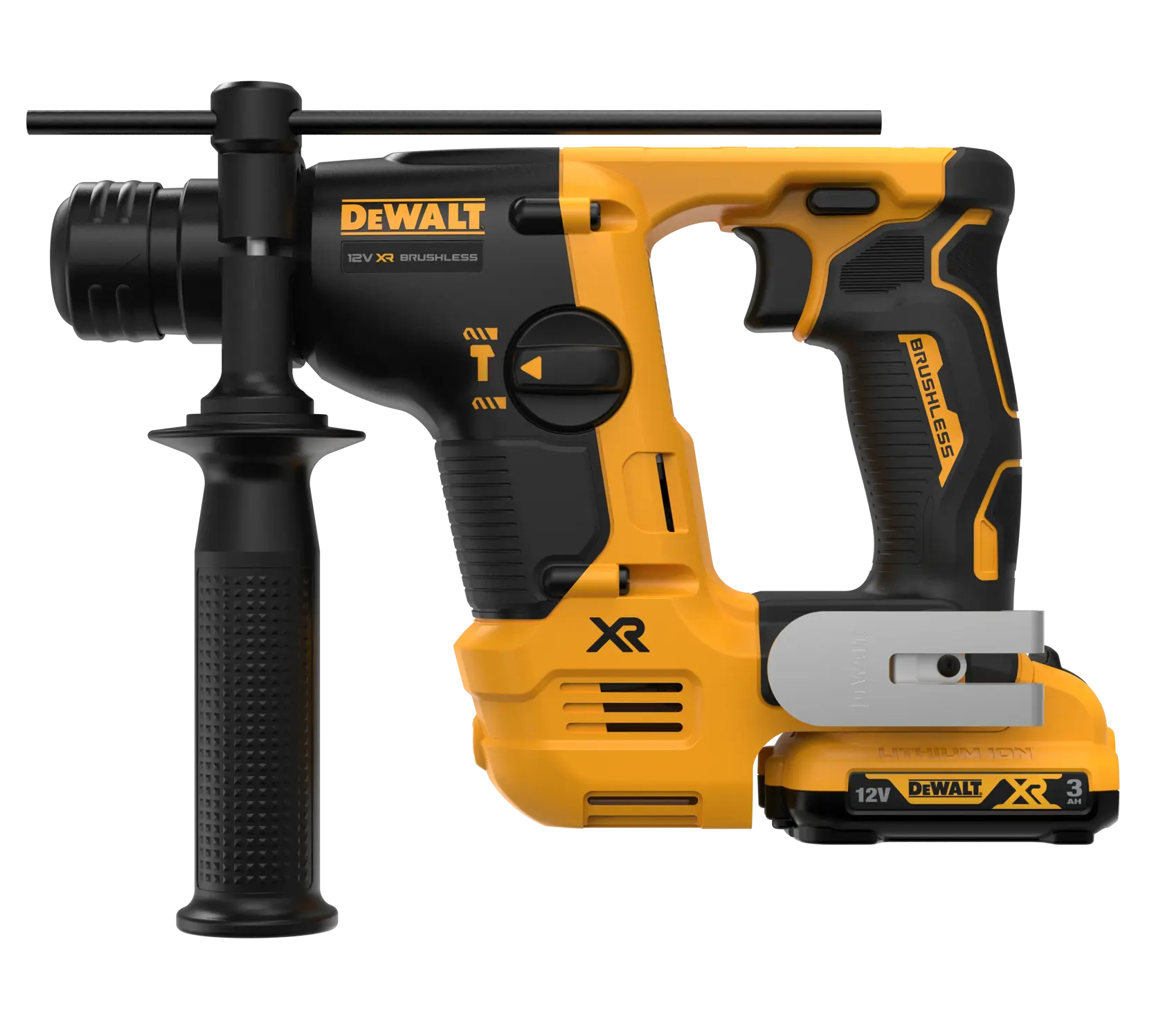 Martillo rotativo DEWALT 12V brushless, mango lateral y cuerpo amarillo-negro.