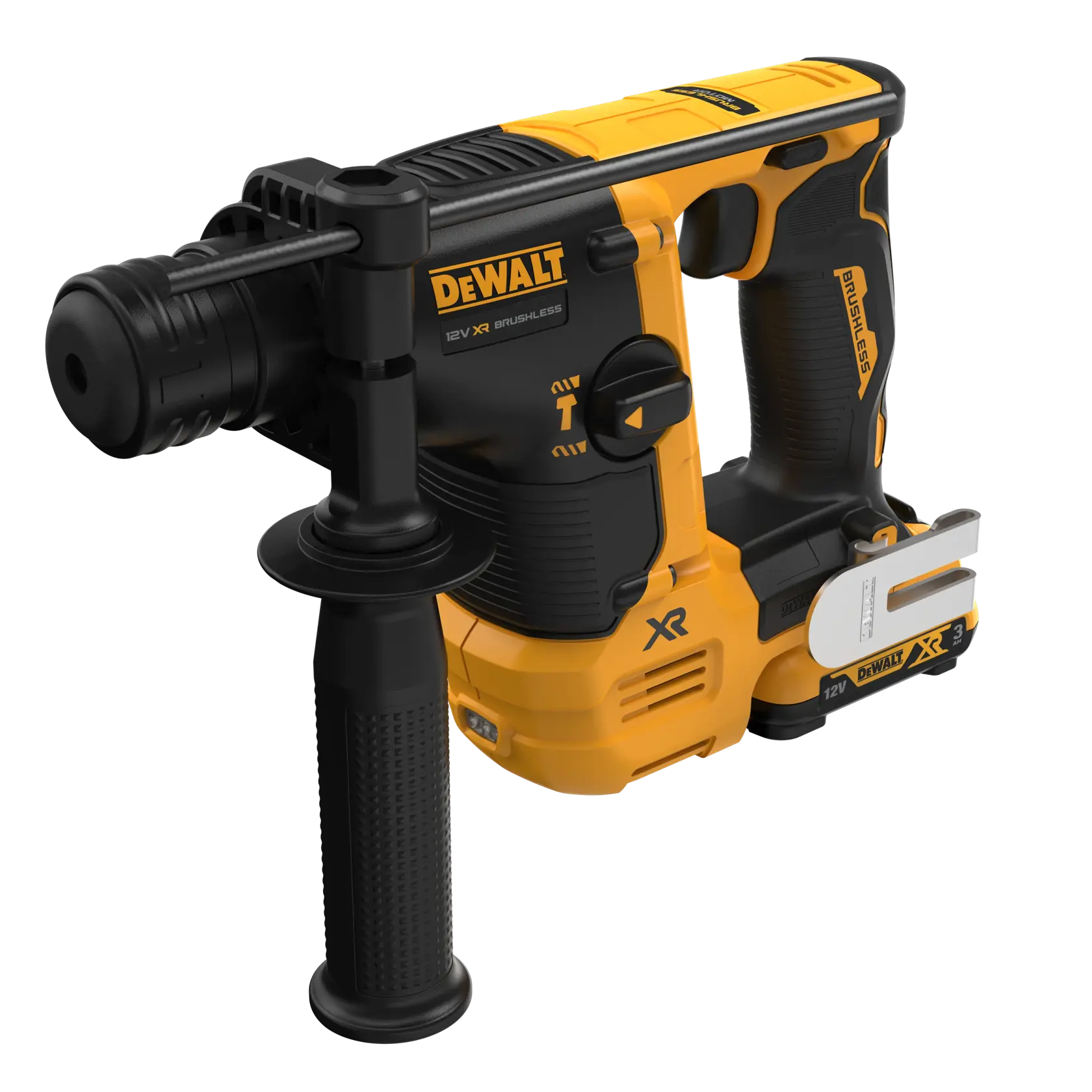 Martillo rotativo DEWALT inalámbrico perfora una pared de concreto con extracción de polvo.