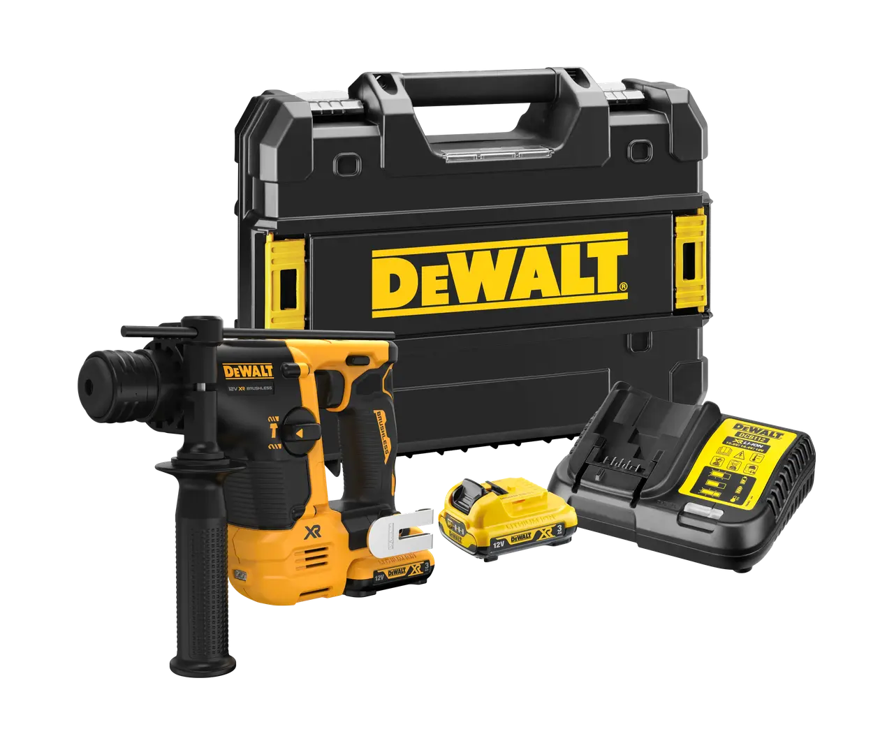 DeWalt Martillo sin escobillas XR 12V SDS plus® 1,1J 2 modos con 2 baterías Li-Ion 3Ah y Maletín TSTAK · DCH072L2-QW