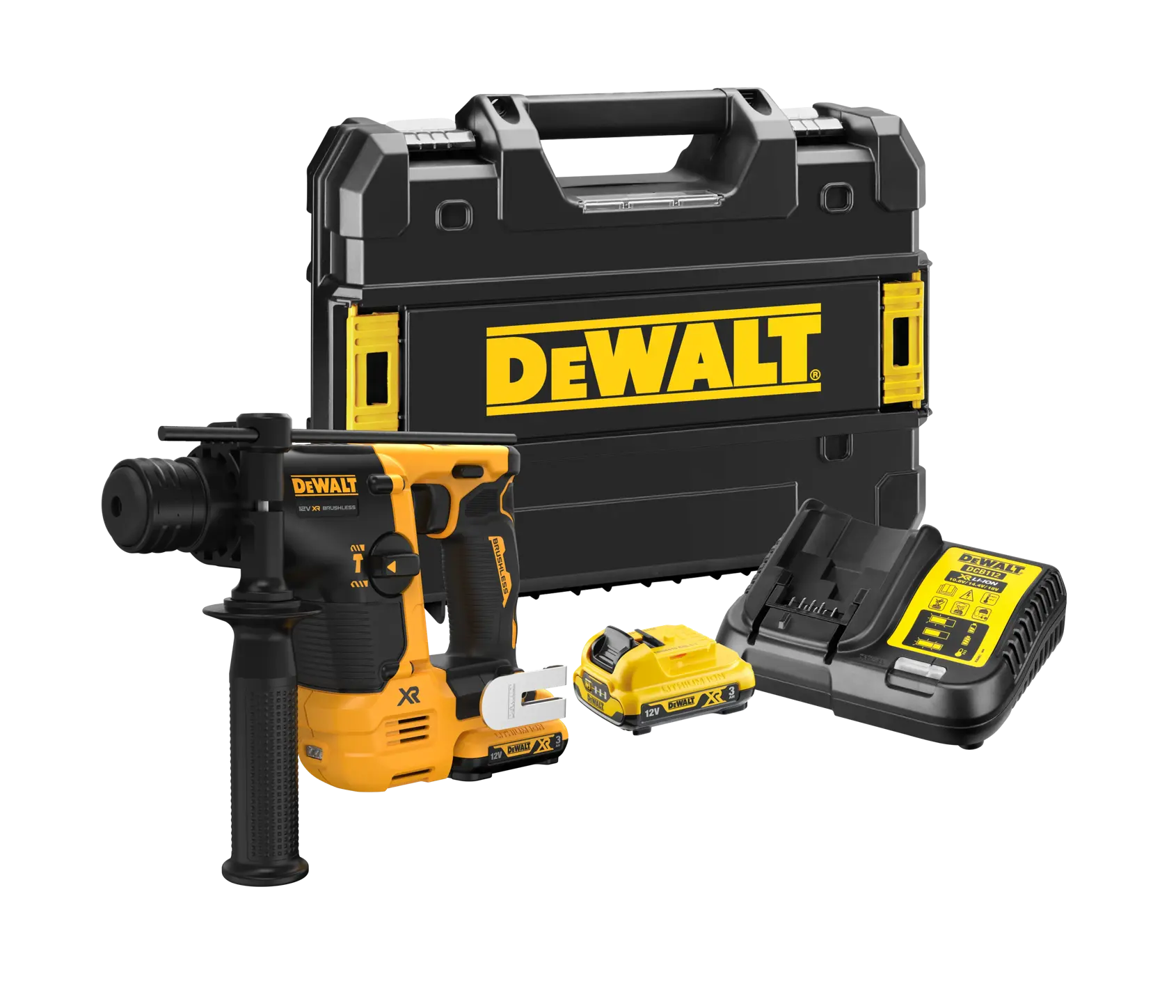 Martillo rotativo inalámbrico DEWALT con asa lateral y batería XR 12V, en amarillo y negro.