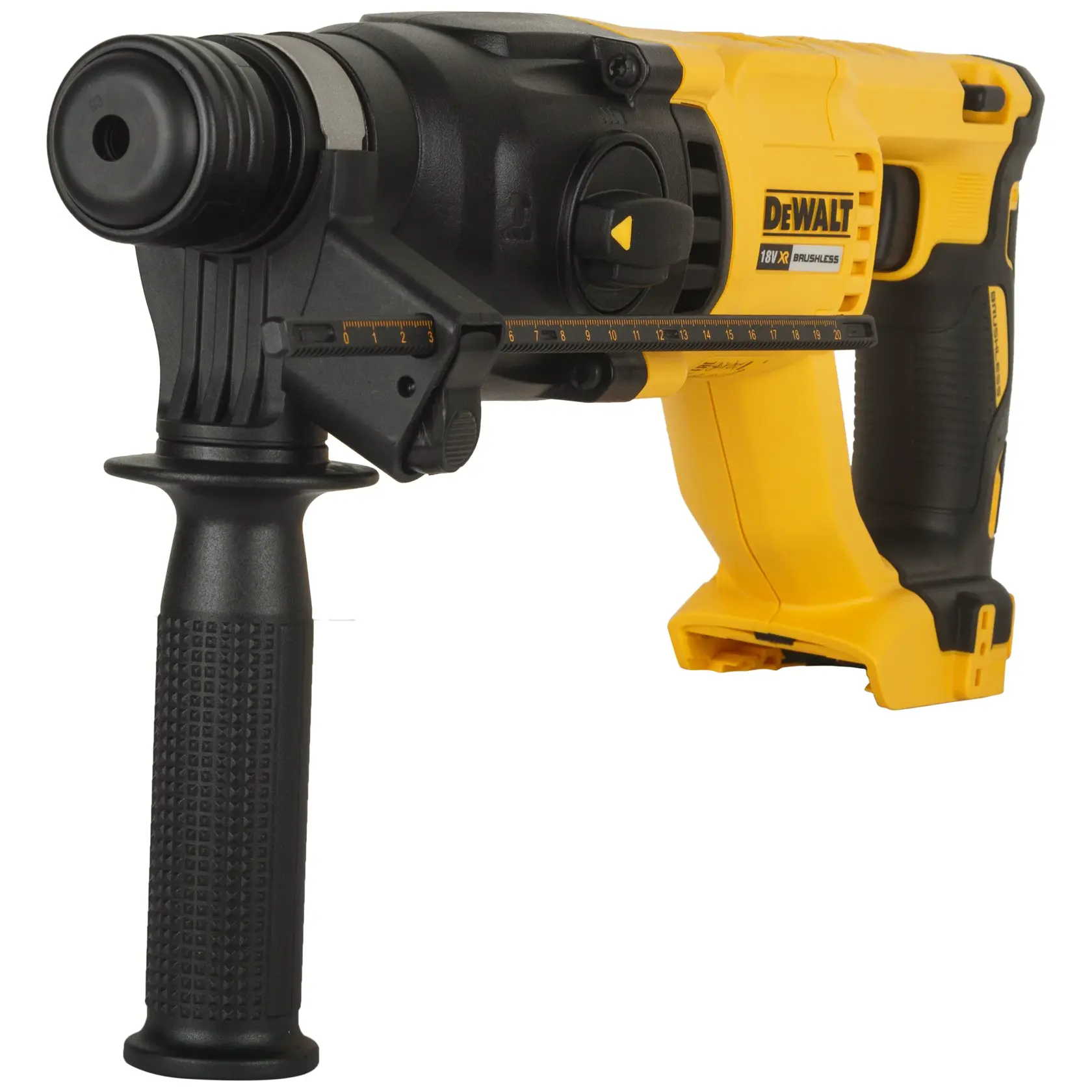 Martillo rotativo inalámbrico DEWALT amarillo y negro con mango lateral y medidor de profundidad.
