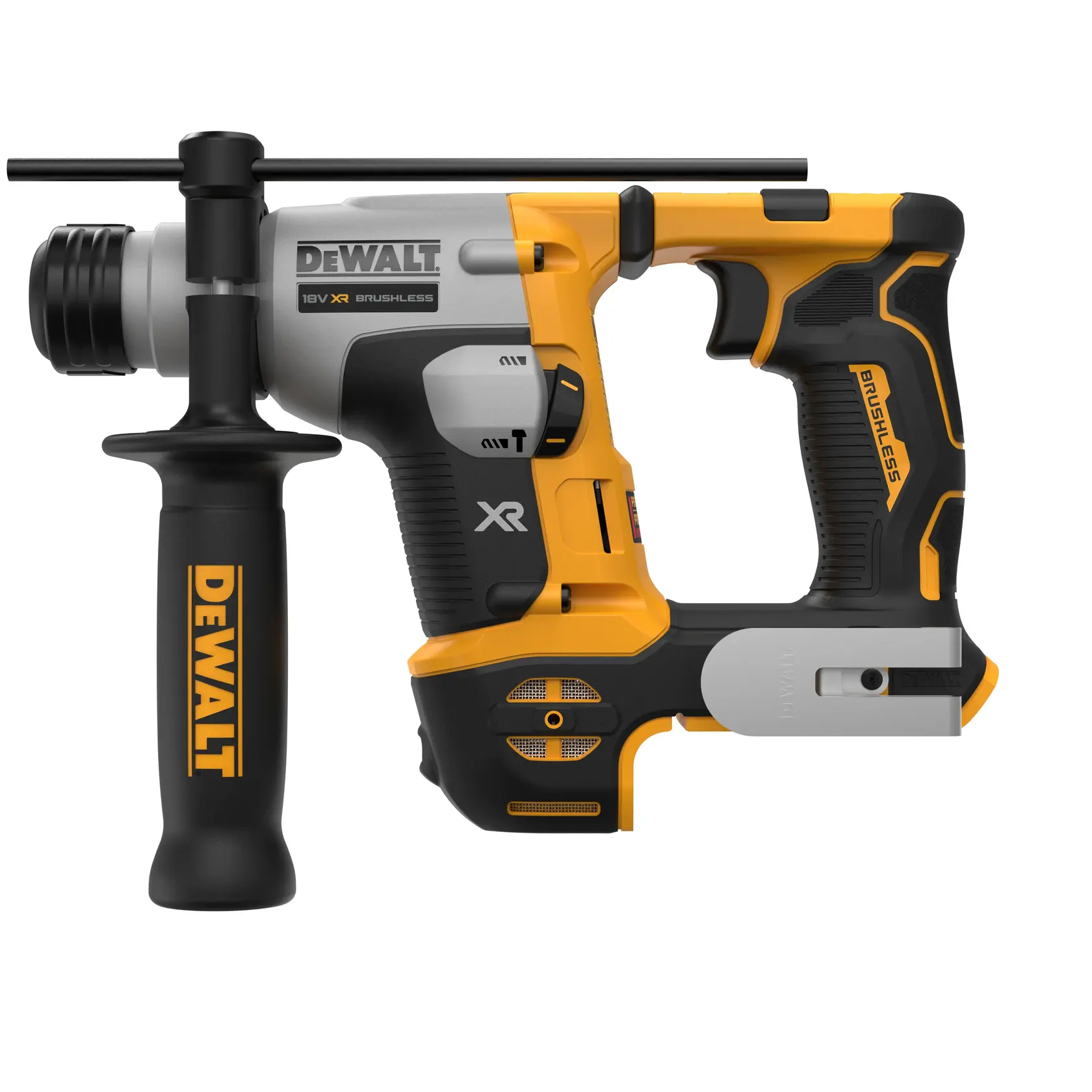 Martillo rotativo DEWALT DCH172NT-XJ, DCH172NT vista lateral, amarillo y negro, fondo blanco.