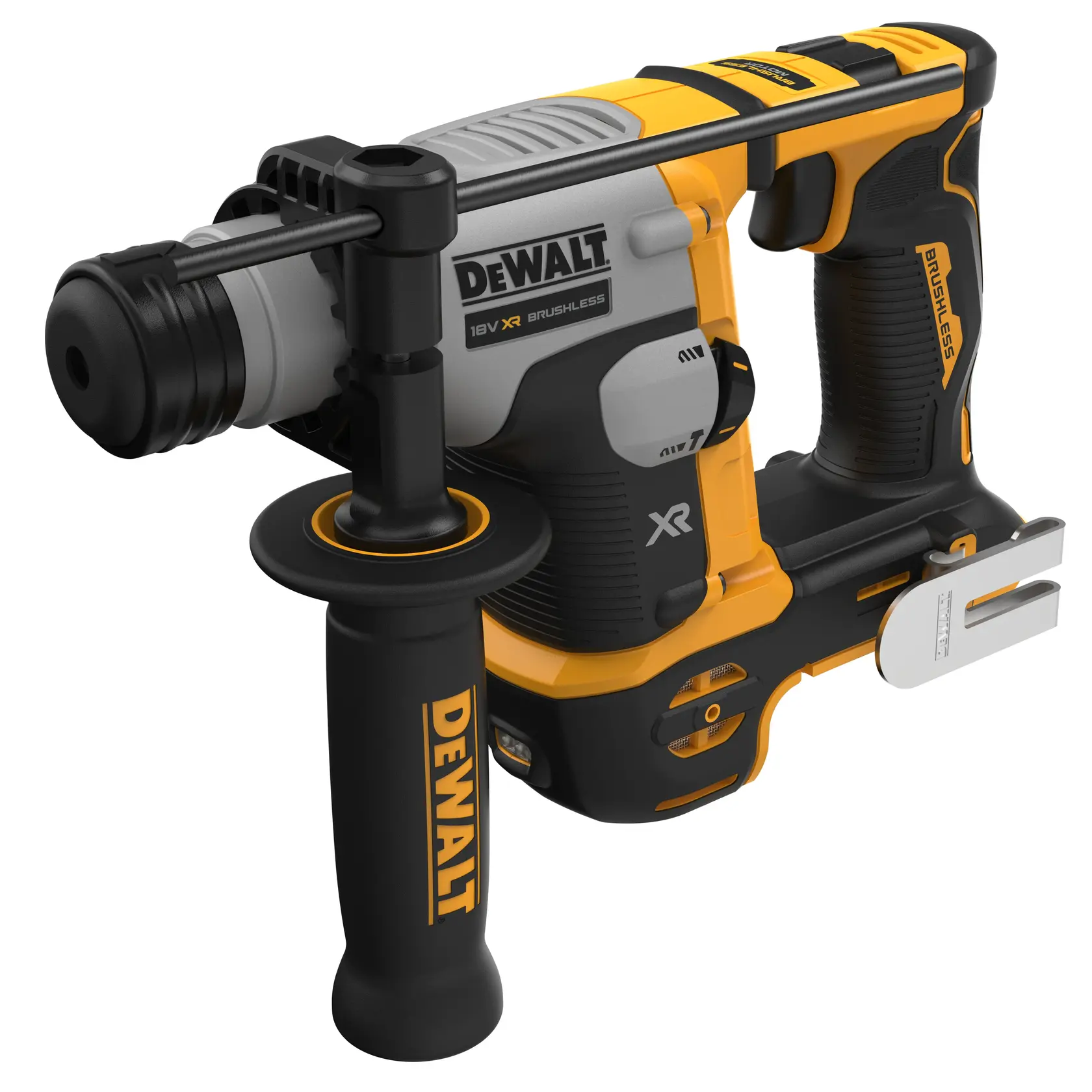 Taladro rotativo DEWALT con mango lateral, negro/amarillo, SKUs DCH172NT-XJ, DCH172NT, vista angular, fotografía.