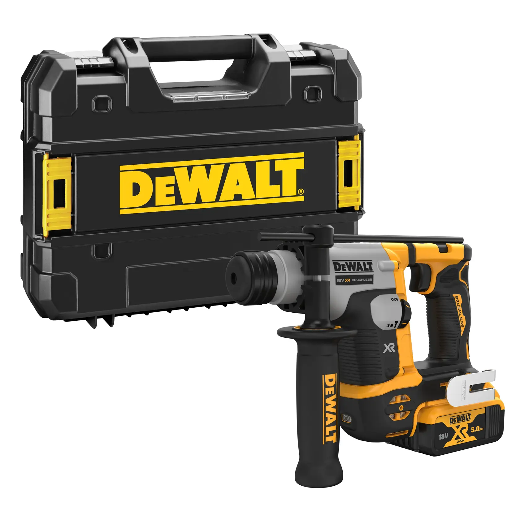 Foto del martillo rotativo inalámbrico DEWALT DCH172NT y estuche, amarillo y negro, ángulo frontal.